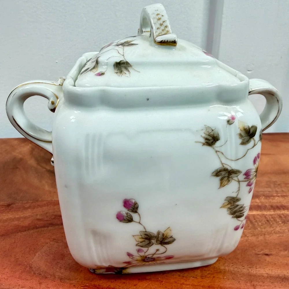 Antique CFH GDM Limoges France Covered Sugar‎ Bowl Lidded Jar Floral Gold 1880s